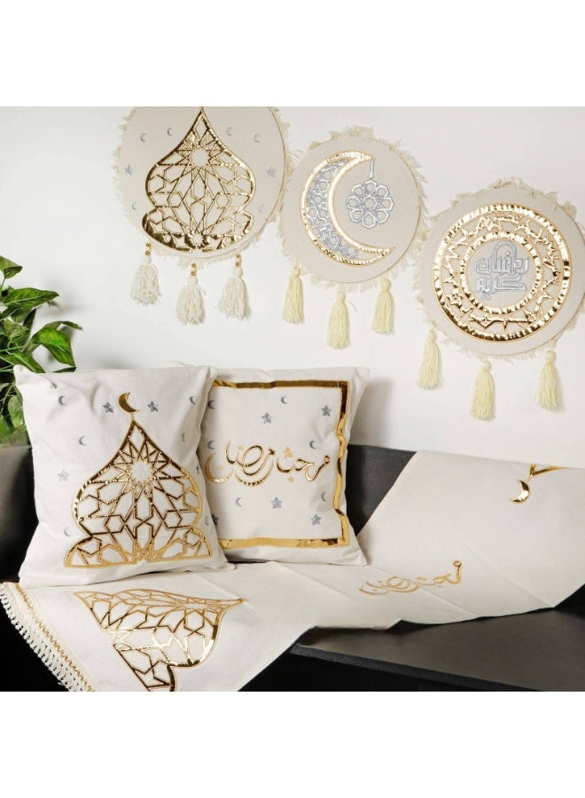 i diD 6-Piece Luxury Ramadan Decor Set - Gold Embroidered Cotton Duck - Table Runner (140x42cm), 2 Cushion Covers (42x42cm) & 3 Wall Hangings - Image 1